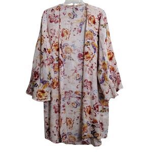 Women’s Floral Cover up Cardigan Kimono Size S Viscose 3/4 Flutter Sleeve Size S